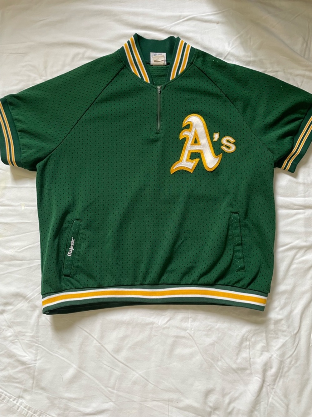 Vintage Majestic Oakland A's Green Pullover Jersey with Yellow & White Logo